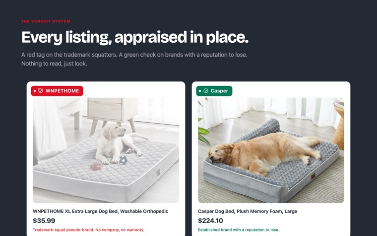 Two listings side by side: a red tag reading trademark-squat pseudo-brand, and a green check reading established brand with a reputation to lose